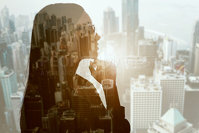 Buy stock photo Thinking, double exposure and business woman in city with business idea and vision with goals. Ambition, female person worker and profile with planning and urban architecture overlay at window