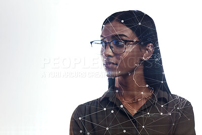 Buy stock photo Woman, futuristic biometric hologram or  facial recognition for cybersecurity, id or scan face for virtual safety. Indian, businesswoman and metrics for access control or protection on technology 