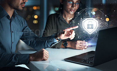 Buy stock photo Big data, graphic and cybersecurity team with 3d software design for computer. Security, information technology and pointing with fintech hologram and futuristic app in a office at night with lock