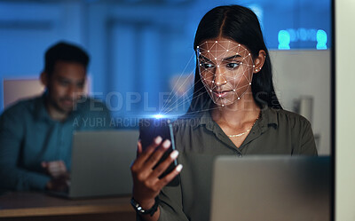 Buy stock photo Futuristic, woman with phone and biometric facial recognition for cybersecurity, id or scan face for mobile safety. Smartphone, businesswoman and hologram technology for access control or protection 