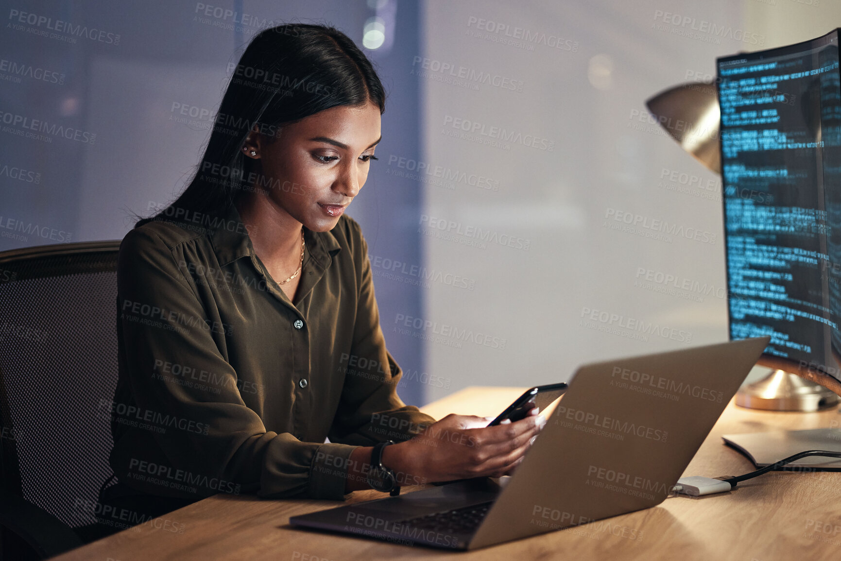 Buy stock photo Laptop, phone and business woman on coding, software development and programming script for cybersecurity. Night, mobile research and multimedia programmer or IT person on computer with data analysis