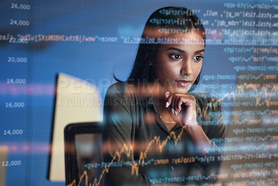 Buy stock photo Computer, code hologram and woman thinking of data analytics, information technology or software overlay at night. Laptop, solution and IT people with algorithm, statistics and cybersecurity research