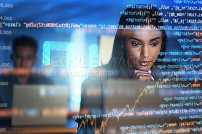 Buy stock photo Programmer, code and woman with focus, holographic and digital software with cyber security, futuristic and coding. Female person, coder and employee with data analysis, research and concentration