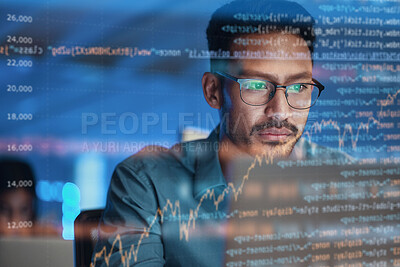 Buy stock photo Computer, coding hologram and business man in data analysis, code html or software overlay at night. Programmer or person in glasses or screen reflection, programming stats and cybersecurity research