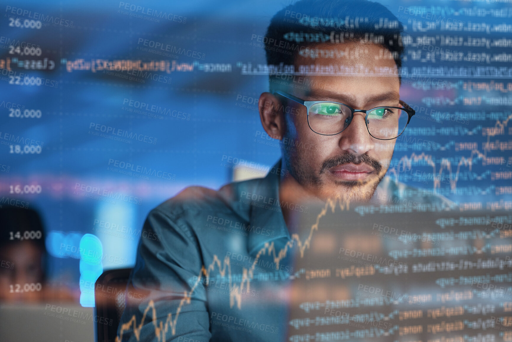 Buy stock photo Computer, coding hologram and business man in data analysis, code html or software overlay at night. Programmer or person in glasses or screen reflection, programming stats and cybersecurity research