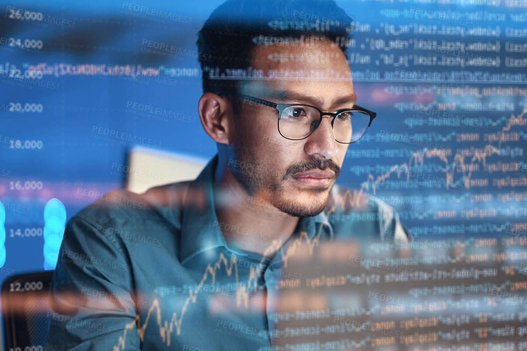 Buy stock photo Computer, code hologram and business man in data analysis, coding technology and software overlay at night. Programmer or person focus on html script, programming statistics or cybersecurity research