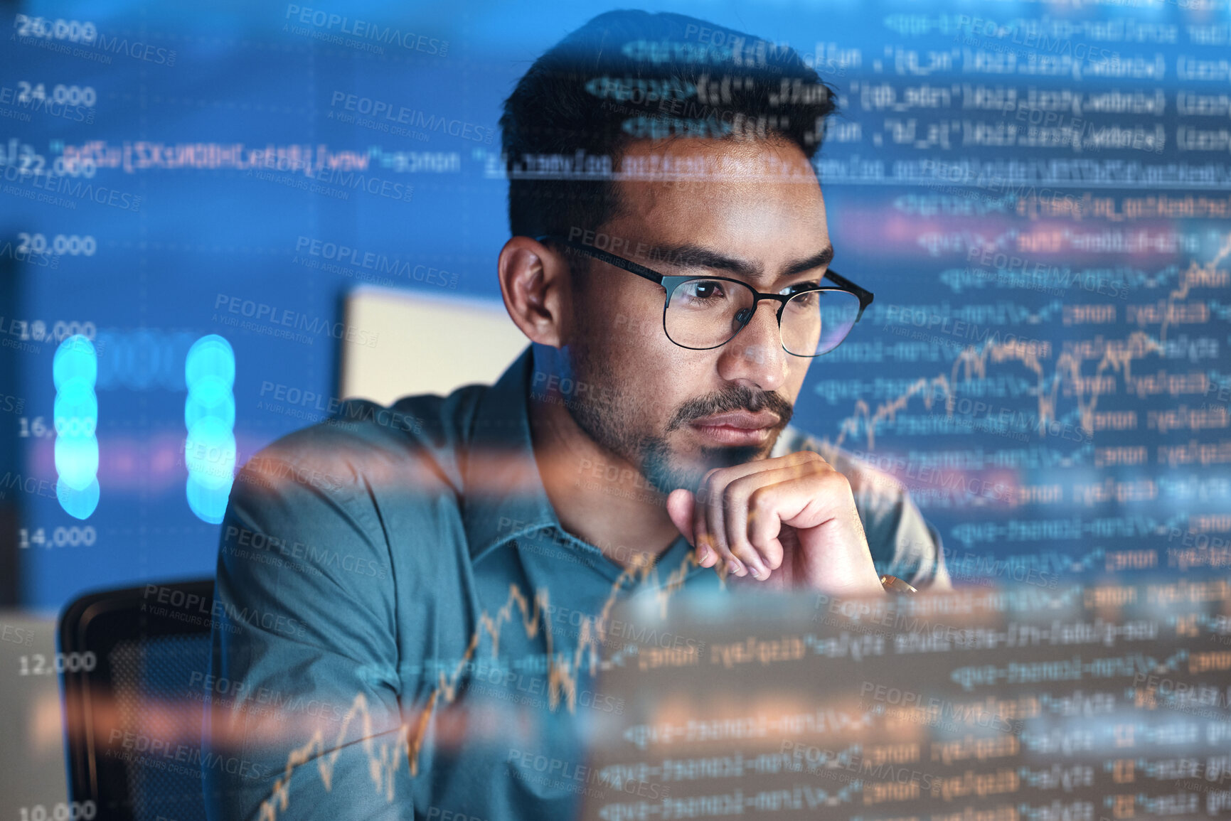 Buy stock photo Computer, code hologram and man thinking of data analysis, night cybersecurity and software coding overlay. Programmer or person in glasses reading html script, programming or cybersecurity research