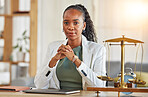 Serious, black woman or portrait lawyer with confidence, empowerment or justice in law firm office. Mentor, corporate or proud African attorney with leadership, focus or vision for legal agency 