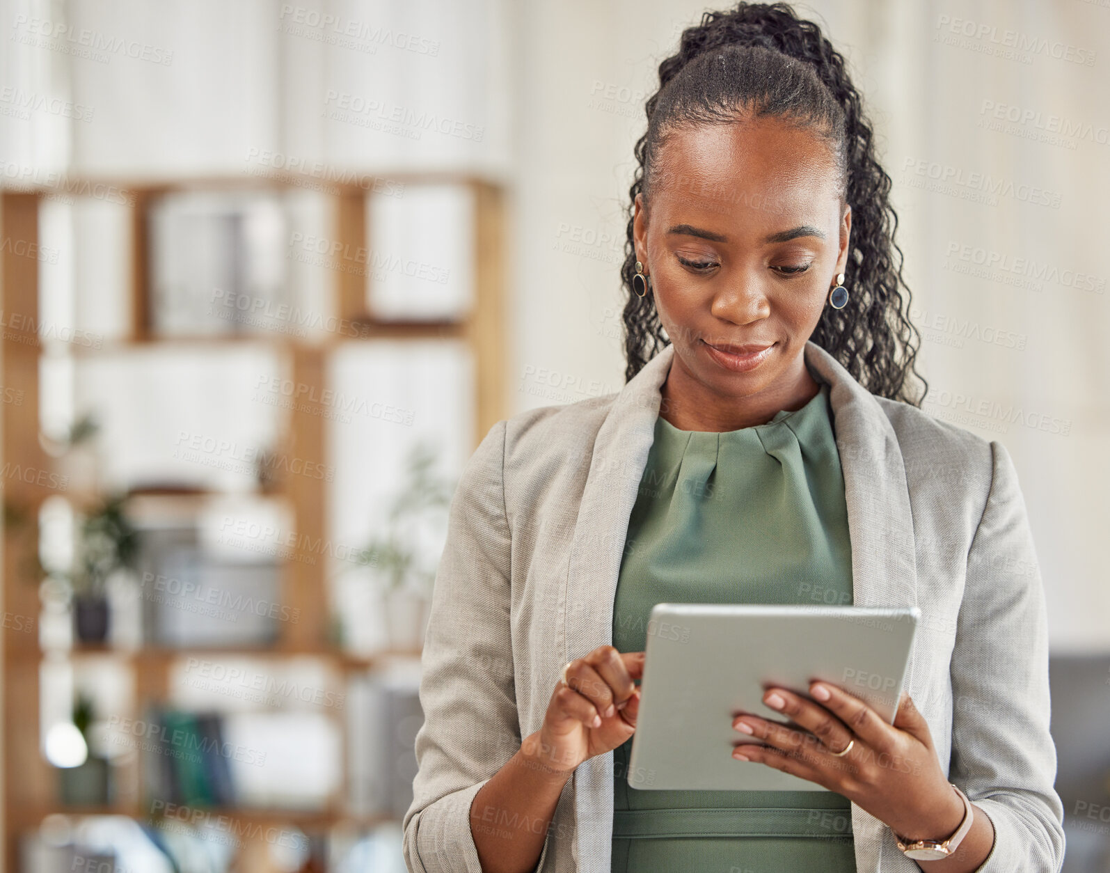 Buy stock photo Black woman, tablet and planning in office for business information, data analysis or internet research. Female employee working on digital technology for online connection, website and scroll on app