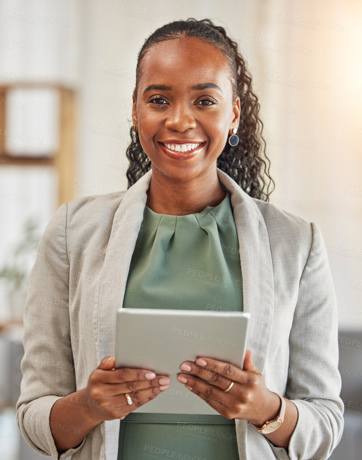 Buy stock photo Black woman, portrait and tablet in office for planning research, data analysis and business information on internet. Happy female worker with digital technology for online connection, website or app