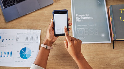 Buy stock photo Woman, hands and phone on mockup screen of realtor for advertising, research or marketing above at office. Top view of person or real estate agent on mobile smartphone, rent app or display on desk