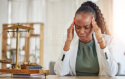 Buy stock photo Stress, headache with black woman and lawyer with fail on case frustrated in office. Business, professional and law firm employee with African female worker with attorney and burnout from job mistake