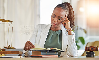 Buy stock photo Stress, reading and woman lawyer with analysis on case with reading in a office. Business proposal, professional and law firm with a African female worker with attorney books and research for report