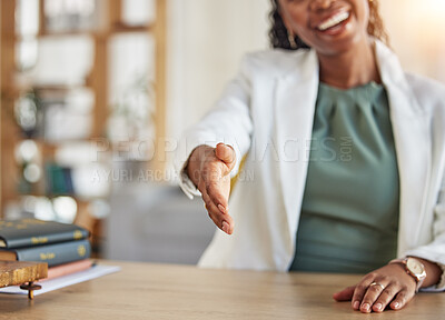 Buy stock photo Handshake, offer and closeup of woman for business networking, thank you or HR interview. Corporate worker stretching to shake hands for recruitment, welcome and meeting for onboarding, hello or deal