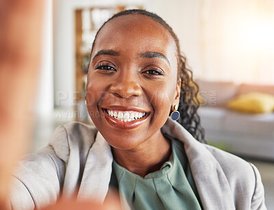 Buy stock photo Black woman, selfie and profile picture with a smile, happy self portrait or memory in corporate career. Businesswoman, face and entrepreneur with success, pride and happiness in startup office