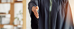 Judge, handshake and lawyer in thank you for greeting, meeting or partnership at attorney office. Person, graduate or jury shaking hands for introduction, deal or agreement in legal law at workplace