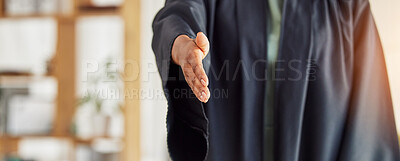 Buy stock photo Judge, handshake and lawyer in thank you for greeting, meeting or partnership at attorney office. Person, graduate or jury shaking hands for introduction, deal or agreement in legal law at workplace