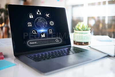 Buy stock photo Search bar, internet and website with laptop screen in office for networking, digital and technology. Ux, data and iot with computer in agency for app, global communication and research