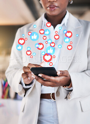 Buy stock photo Notification, phone and business woman on social media networking as communication with overlay or graphic like. Digital, heart emoji and employee or worker texting on a mobile app, website or web