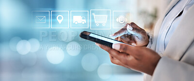 Buy stock photo Hologram, businesswoman or hands typing on a phone for an app, social media, internet post or notification. Icons, digital mockup space or worker texting or searching for online shopping on mobile

