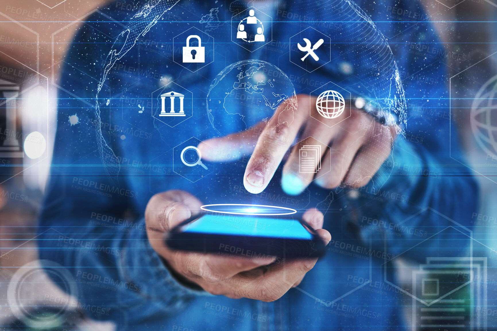 Buy stock photo Phone in hand, lock and cybersecurity overlay to show futuristic hologram, data safety or software developer with mobile app, technology and innovation. Ux, cyber security and future of fintech