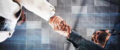 Buy stock photo Business people, handshake and meeting in partnership, trust or teamwork for unity below at office. Low angle of employees shaking hands for introduction or greeting in agreement or deal at workplace