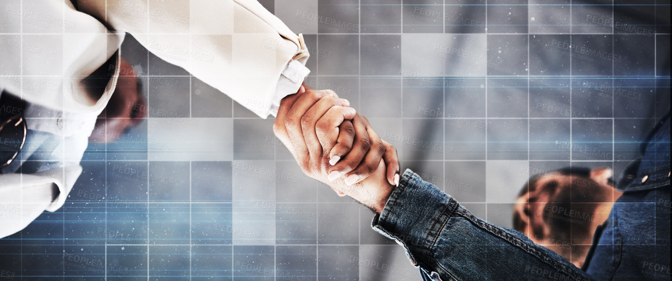 Buy stock photo Business people, handshake and meeting in partnership, trust or teamwork for unity below at office. Low angle of employees shaking hands for introduction or greeting in agreement or deal at workplace