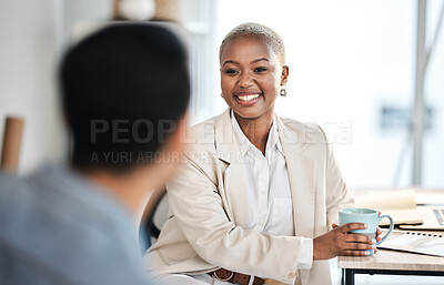 Buy stock photo Black woman, employee and speaking with business, meeting and communication with success, company growth and smile. Happy female person, staff and teamwork with collaboration, talking and partnership