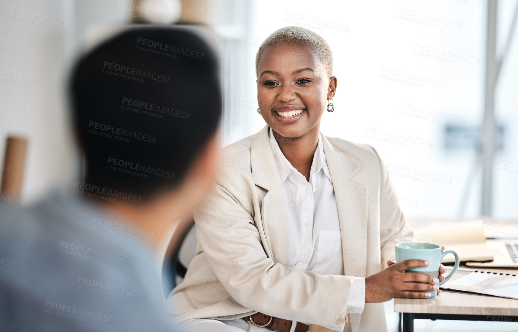 Buy stock photo Black woman, employee and speaking with business, meeting and communication with success, company growth and smile. Happy female person, staff and teamwork with collaboration, talking and partnership