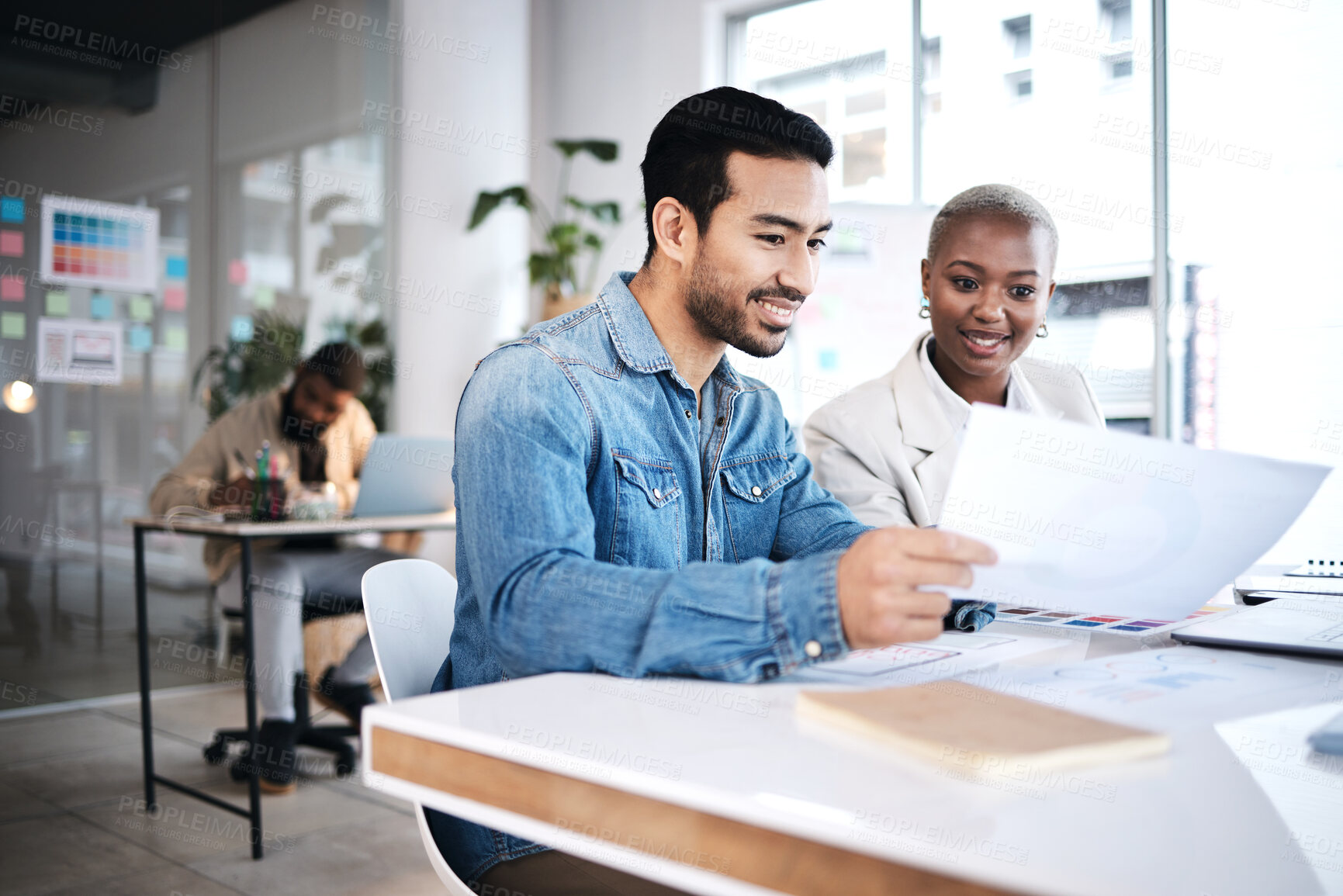 Buy stock photo Office, business people and paperwork with sales strategy and communication at a company. Talking, collaboration and teamwork with brainstorming and data analysis of workforce with staff statistics