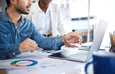 Buy stock photo Computer, business people and data with sales strategy and communication at a company. Talking, collaboration and teamwork with brainstorming and paperwork analysis of workforce with staff statistics