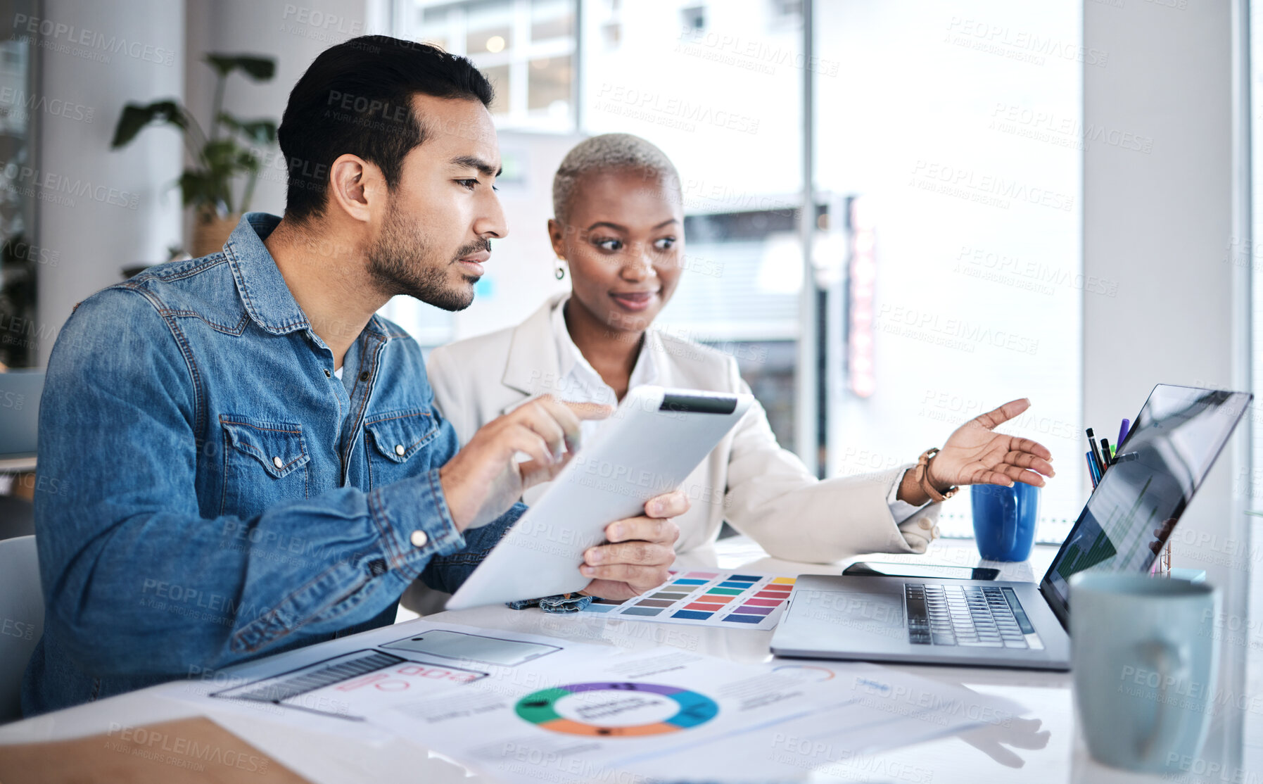 Buy stock photo Office, business people and data with sales strategy and communication at a company. Talking, collaboration and teamwork with brainstorming and paperwork analysis of workforce with staff statistics