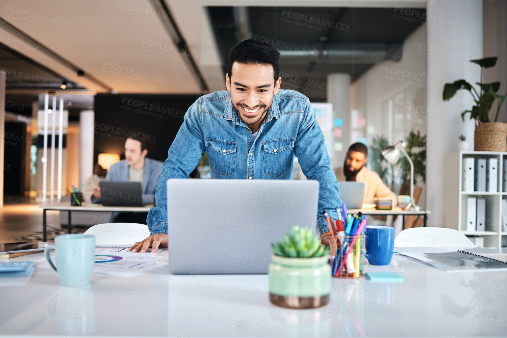 Buy stock photo Laptop, smile and asian business man in office positive results, report or feedback, reading or email. Happy, good news and male designer online for creative, inspiration or idea in coworking space