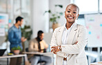 Portrait, smile and black woman in modern office with mockup, leadership and startup business ceo at agency. Management, happiness and African businesswoman with arms crossed in corporate work space.