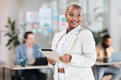 Buy stock photo Smile, tablet and black woman in office with mockup, leadership and startup business ceo at agency. Online report, happiness and African businesswoman with digital schedule in corporate work space.