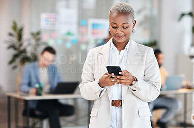 Buy stock photo Phone, business and black woman typing, happy and social media in company. Smartphone, networking and African professional reading email, message and news on internet, app or texting online in office