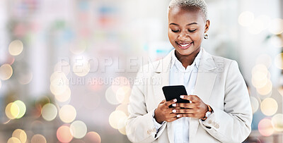 Buy stock photo Banner, black woman in business and smartphone, typing and mockup space with corporate communication and smile. Bokeh, email and networking, social media marketing and female professional using phone