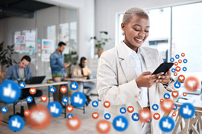 Buy stock photo Social media, icon and woman use phone in an office texting or networking as communication with overlay of like emoji. Digital, chat and employee or worker texting on a mobile app, website or web