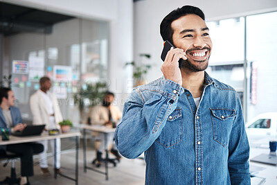 Buy stock photo Happy man, deal or business developer on a phone call talking, networking or speaking of ideas in office. Smile, mobile communication or founder in conversation for a negotiation offer or planning 