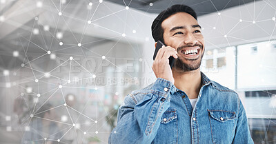 Buy stock photo Network, thinking and a businessman on a phone call with an overlay for planning and communication. Happy, idea and an Asian person speaking on a mobile with a vision for global growth of company