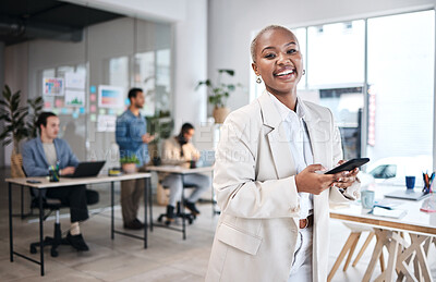 Buy stock photo Phone, accountant and portrait of black woman, happy and smile in company, business workplace or coworking. Smartphone, face of auditor and excited African professional, entrepreneur or employee.