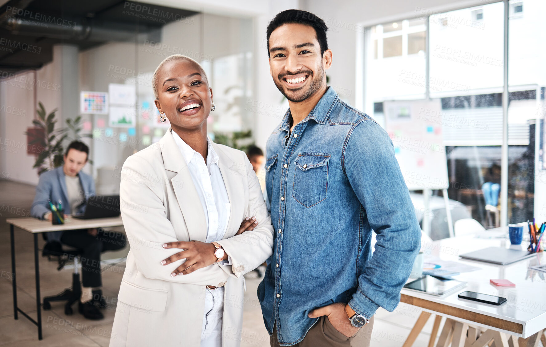 Buy stock photo Business people, portrait and happy laughing in office for leadership, motivation and partnership. Face, diversity and design team collaboration with smile, teamwork and startup, mission or goal