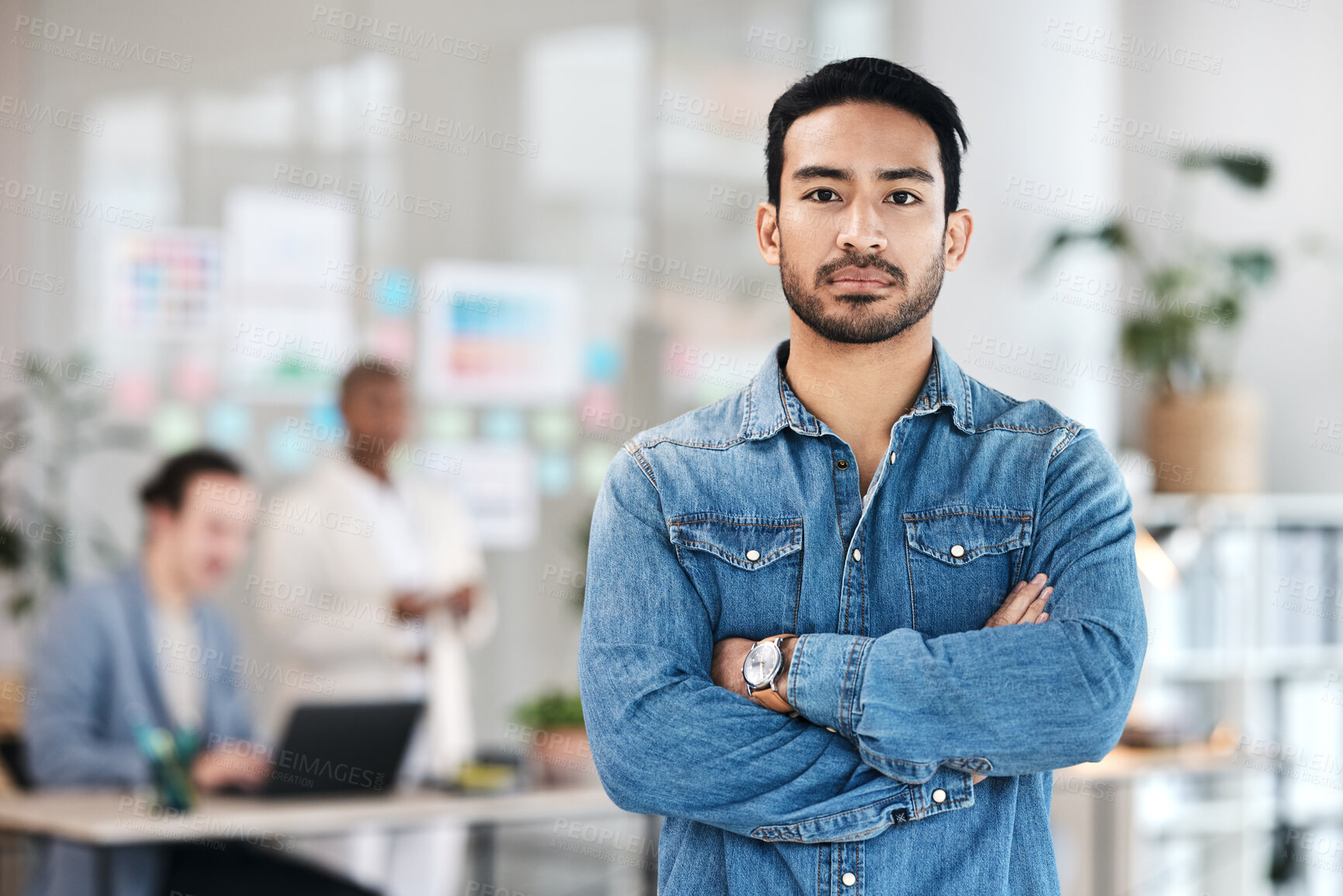 Buy stock photo Portrait, arms crossed and man in office with leadership, opportunity and startup business. Serious project manager, pride and face of young businessman with confidence in professional workshop space