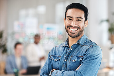 Buy stock photo Portrait, business and man with arms crossed, smile or success with a career, professional or confident. Face, male person or employee with office or advertising agent with happiness or goals