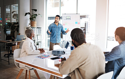 Buy stock photo Business presentation, man and leadership with seminar and analytics of a worker. Workshop, employee and team with brainstorming and creative design strategy with teamwork and marketing collaboration