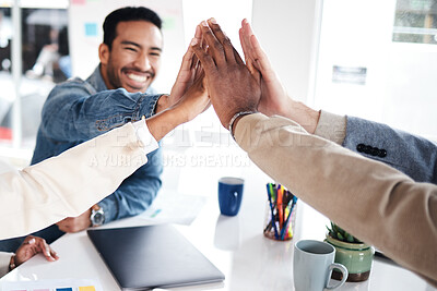 Buy stock photo Creative people, meeting and high five for team building, success or achievement at the office. Happy group with hands together for teamwork, celebration or support in trust or startup at workplace