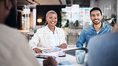 Buy stock photo Meeting, discussion and business people planning a creative project at a startup design office. Talk, brainstorming and team of designers talking and working on artistic ideas for strategy in a group