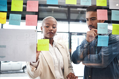 Buy stock photo Creative people, team and thinking in planning for schedule brainstorming or meeting at office. Man and woman in teamwork decision for project plan, tasks or sticky note ideas in startup at workplace