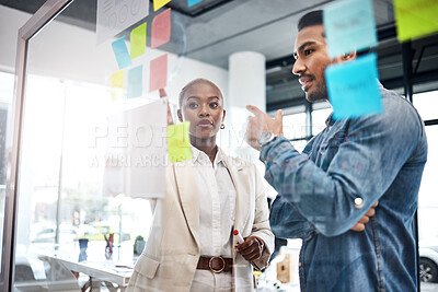 Buy stock photo Creative people, thinking and meeting for schedule planning, brainstorming or team strategy at the office. Man and woman in teamwork decision for project plan, tasks or sticky note ideas in startup