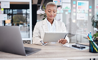 Buy stock photo Laptop, business and black woman in office on tablet for research, website and browse internet. Corporate, connection and female person on digital tech working on online project, report and review